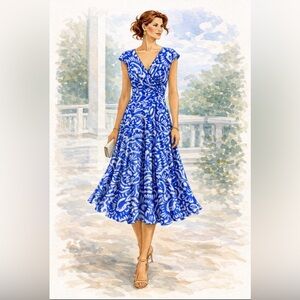 Lauren Ralph Lauren Blue & White Print Fit & Flare Dress Size 6 NWOT